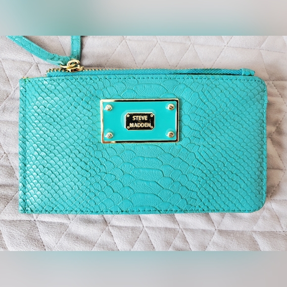 Steve Madden Wristlet Purse Faux Leather Tiffany blue Zip Top Pocket Loop Strap - Picture 7 of 15